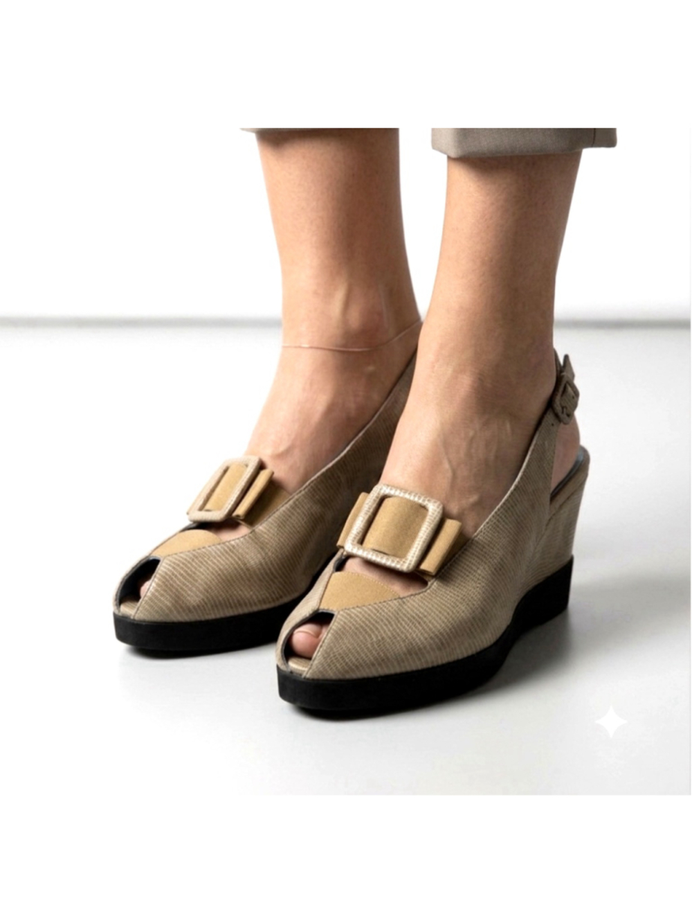 Thierry Rabotin Calista Peep Toe SlingBack Beige/Tan Snake Skin Leather Wedge 40